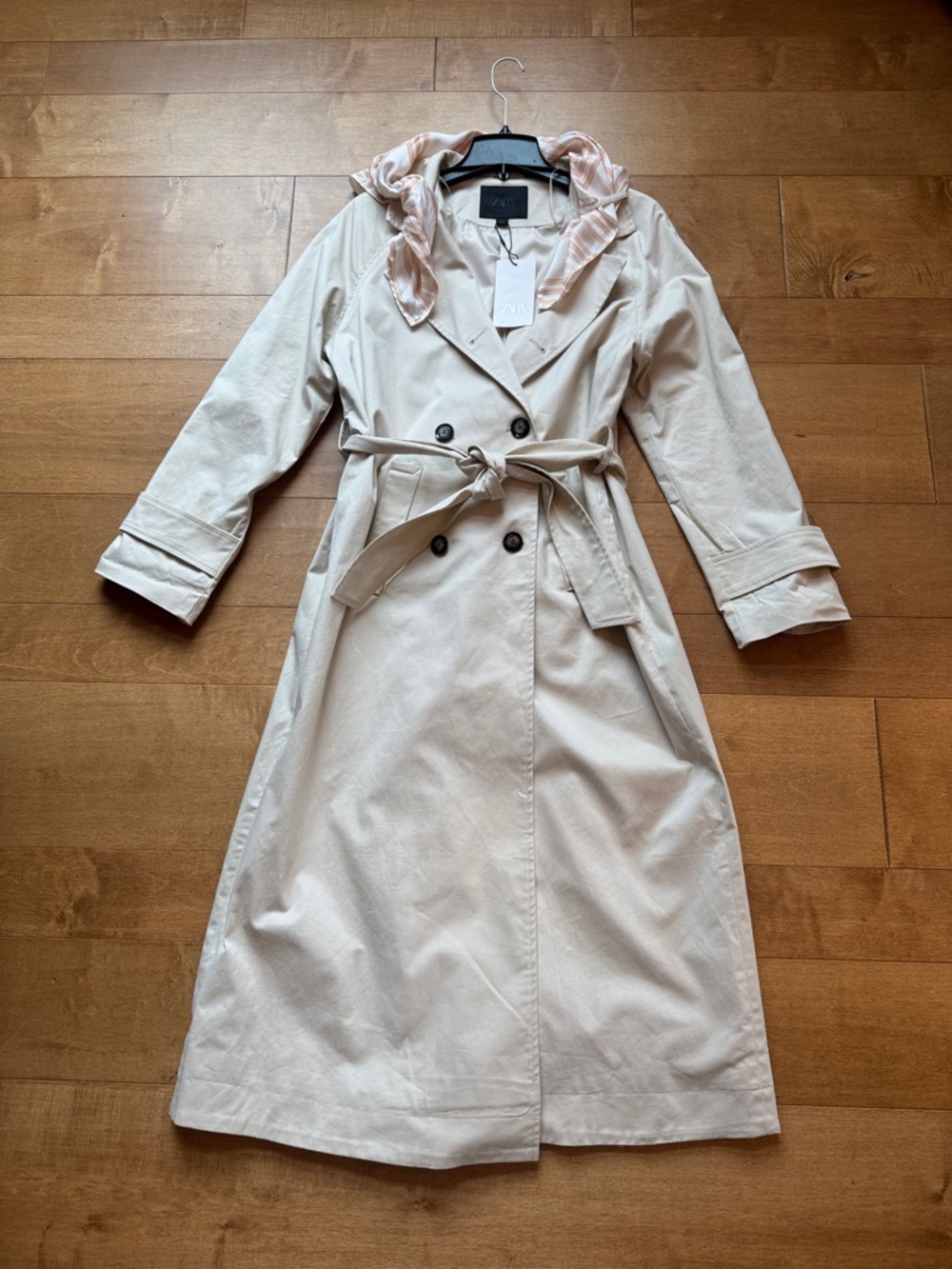 Zara Light Cream Double-Breasted Trench Coat with Belt